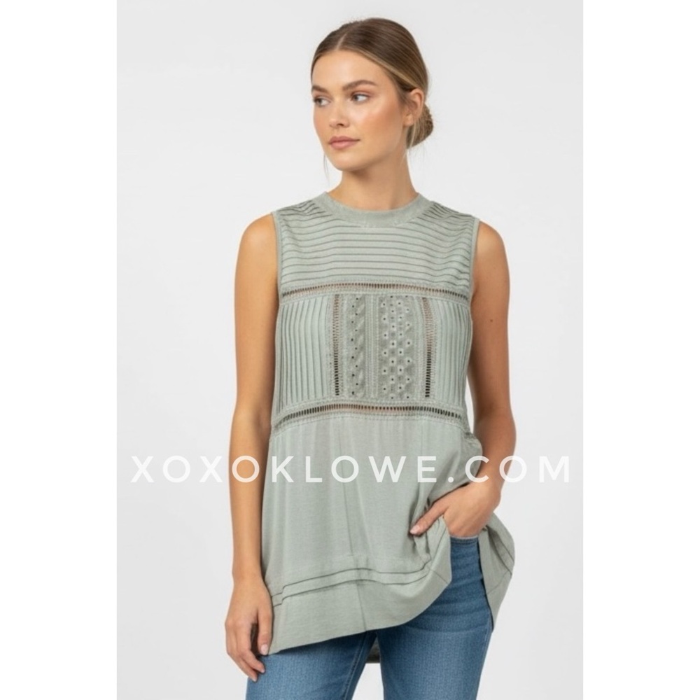 POL Sage Green Lace Trim Sleeveless Top | Relaxed Fit Boho Blouse